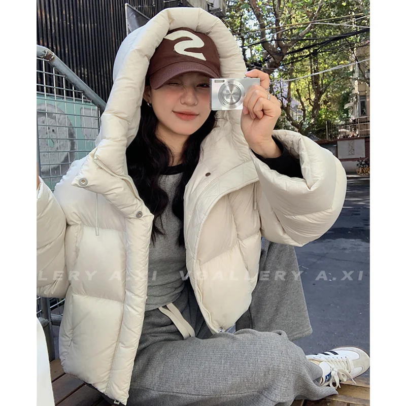 Thickening Down Jacket Women Coat Black Hooded Fashion American Streetwear Y2K Duck Down Feather Female Winter Short Outwear