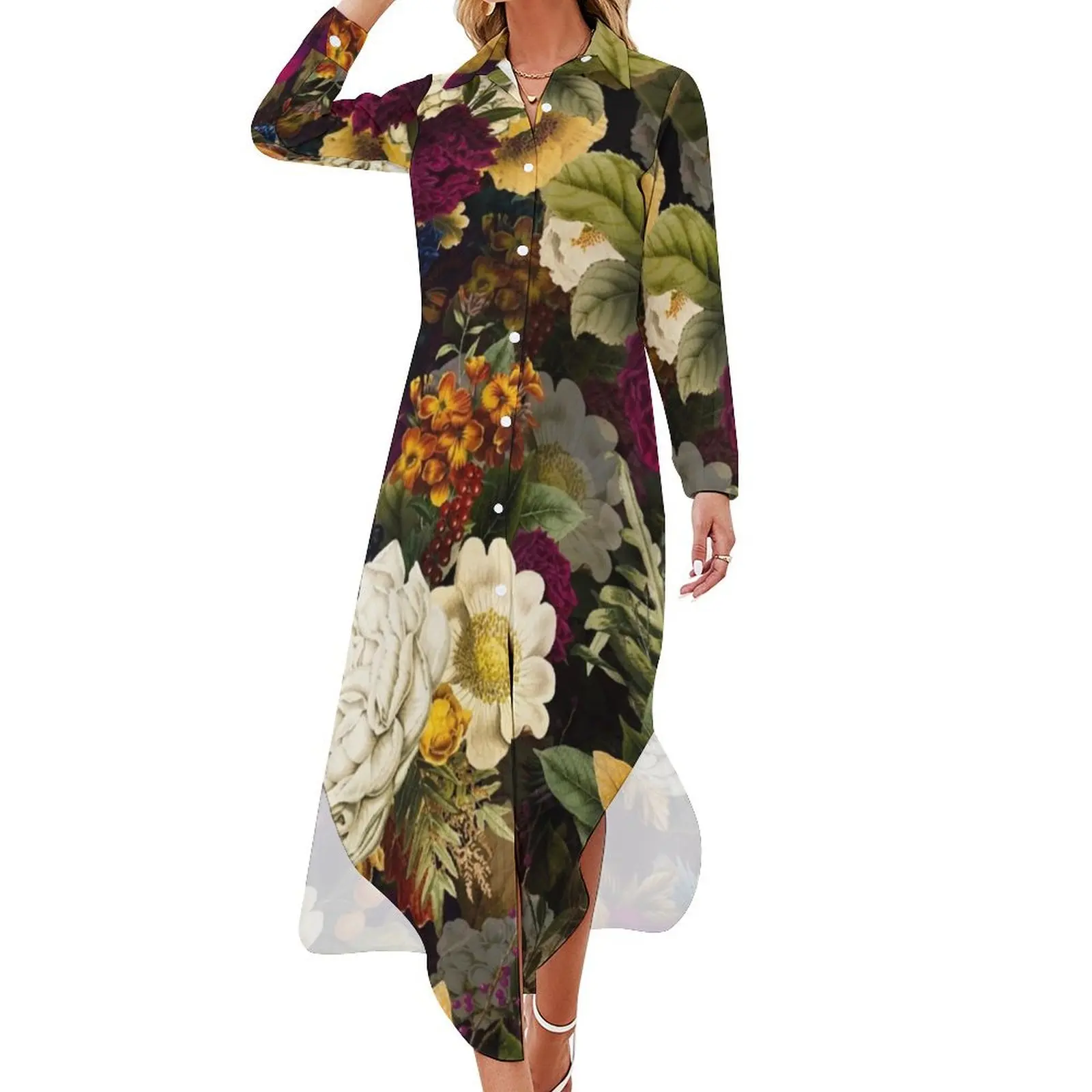 

Mystical night IV Botanical Night Garden Long Sleeved Shirt Dress women's fashion dresses women's luxury party dress woman dress