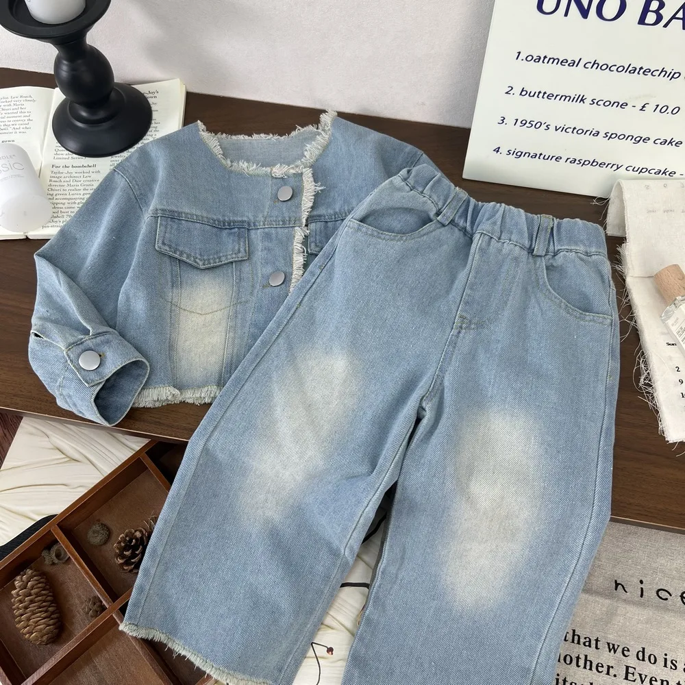 2025 New Girls' Cowboy Set Spring and Autumn Girls' Fashion Handsome Hairy Open Top Wide Leg Pants Two Piece Set