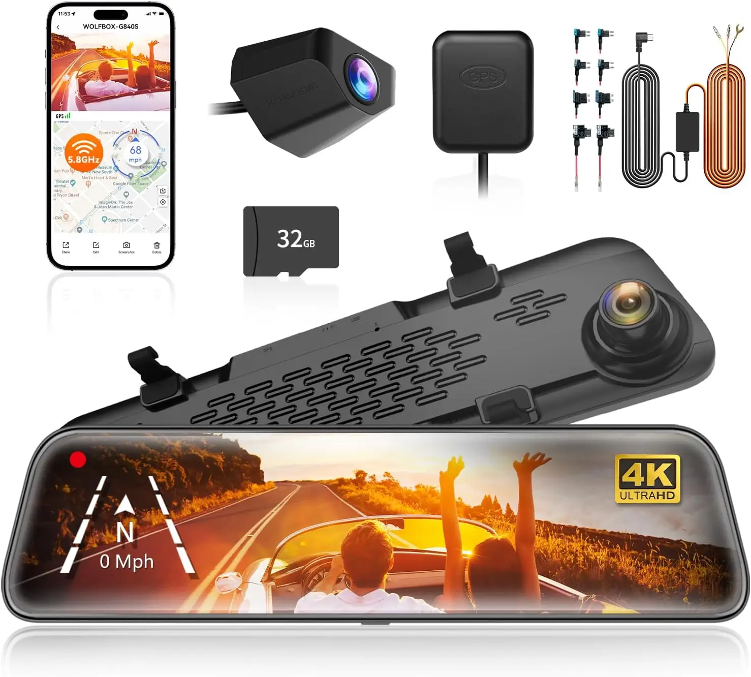 WOLFBOX G840S 12" IPS Dashcam 4K Achteruitrijcamera GPS Video Recorder Nachtzicht HD Dubbele Camera's Auto DVR Parkeermonitor