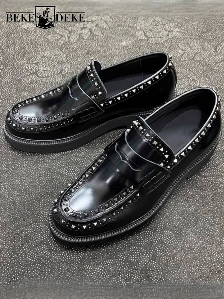 

Leisure Style Genuine Leather Platform Lace-Up Male Dress Shoes Solid Color Round Toe Slip On Rivet Cowhide Middle Heel Footwear