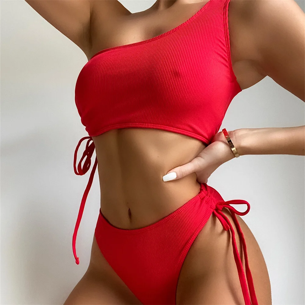 Sexy rode bikini Y2K badpak één schouder tankini extreem trekkoord tanga rib vakantie badmode dames strandoutfit badpak