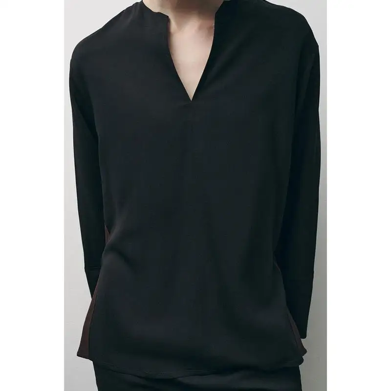 Solto longo sve v-ne briti sle irt feminino primavera nova listra lateral decorado topo fibra de poliéster 00% cor pura