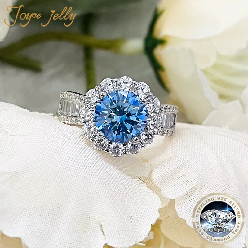 JoyceJelly 2ct Royal Blue Moissanite Ring for Cham Lady Round 8H8A Cut VVS1 Moissanite Diamond Dating Wedding Party Jewerly Gift
