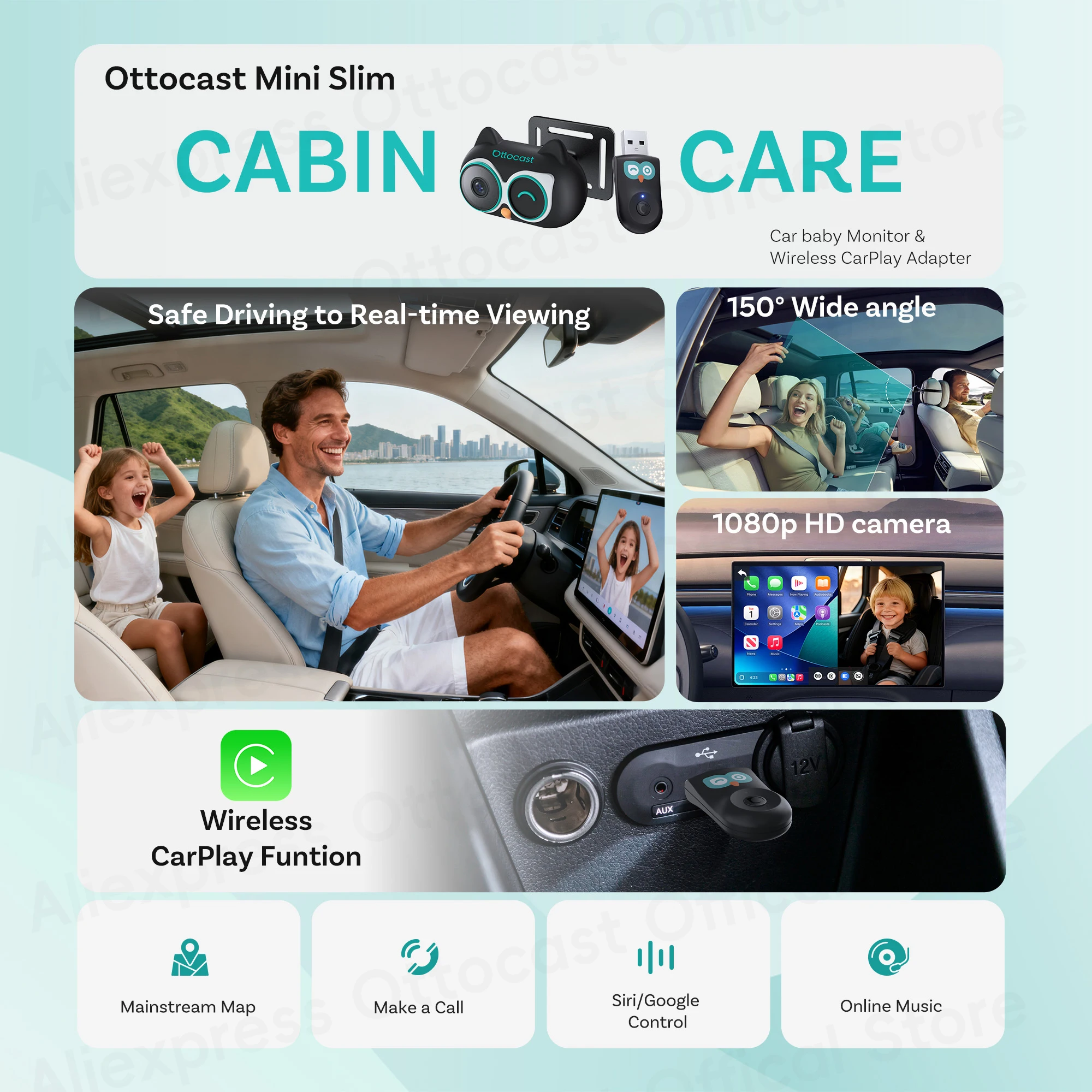 محول العناية بالمقصورة Ottocast كاميرا CarPlay اللاسلكية عالية الدقة للسيارة للأطفال الصغار ملحقات السيارة لشروليه هيونداي بنز أودي شيفروليه كيا