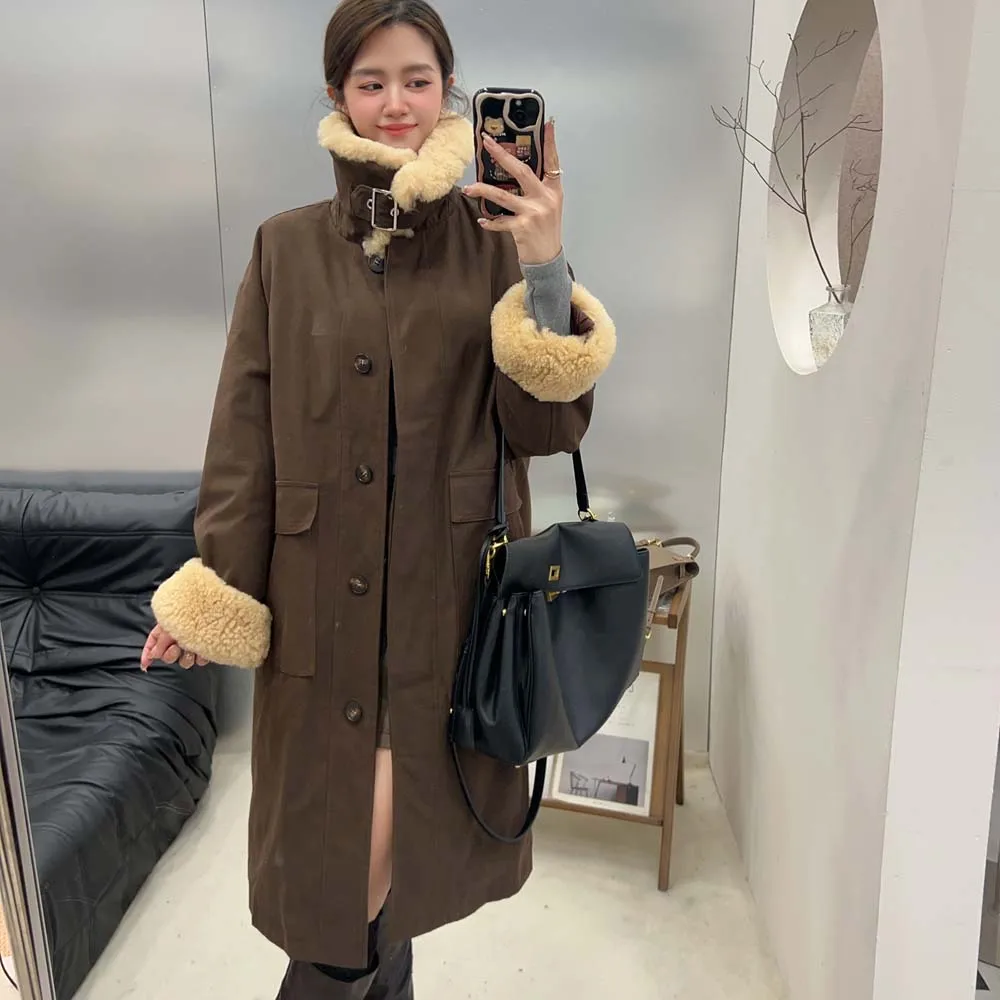 

2025 Winter Women Outwear Luxury Long Goose Down Coats Denim Jacket Natural Real Lamb wool Fur Collar Parka Puffer Jacket