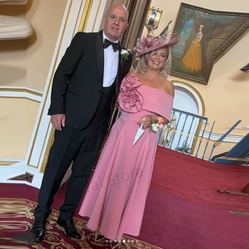 Элегантное платье трапециевидной формы с открытыми плечами по индивидуальному заказу, платье для матери невесты с цветком, чайной длины, вечерние платья для выпускного вечера, Vestidos De Noiva