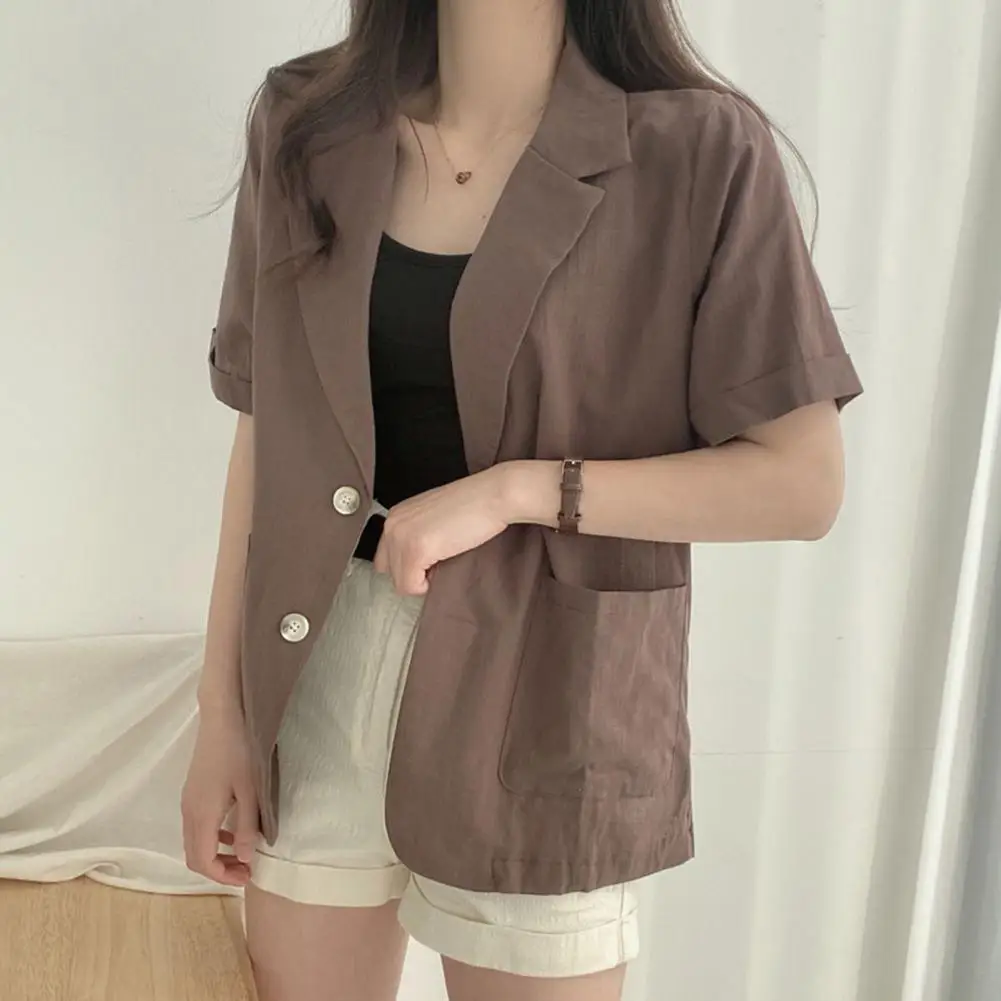 Solid Color Suit Coat Women Suit Coat Loose Fit Short Sleeve Summer Suit Coat with Pockets Business Leisure Jacket for Men