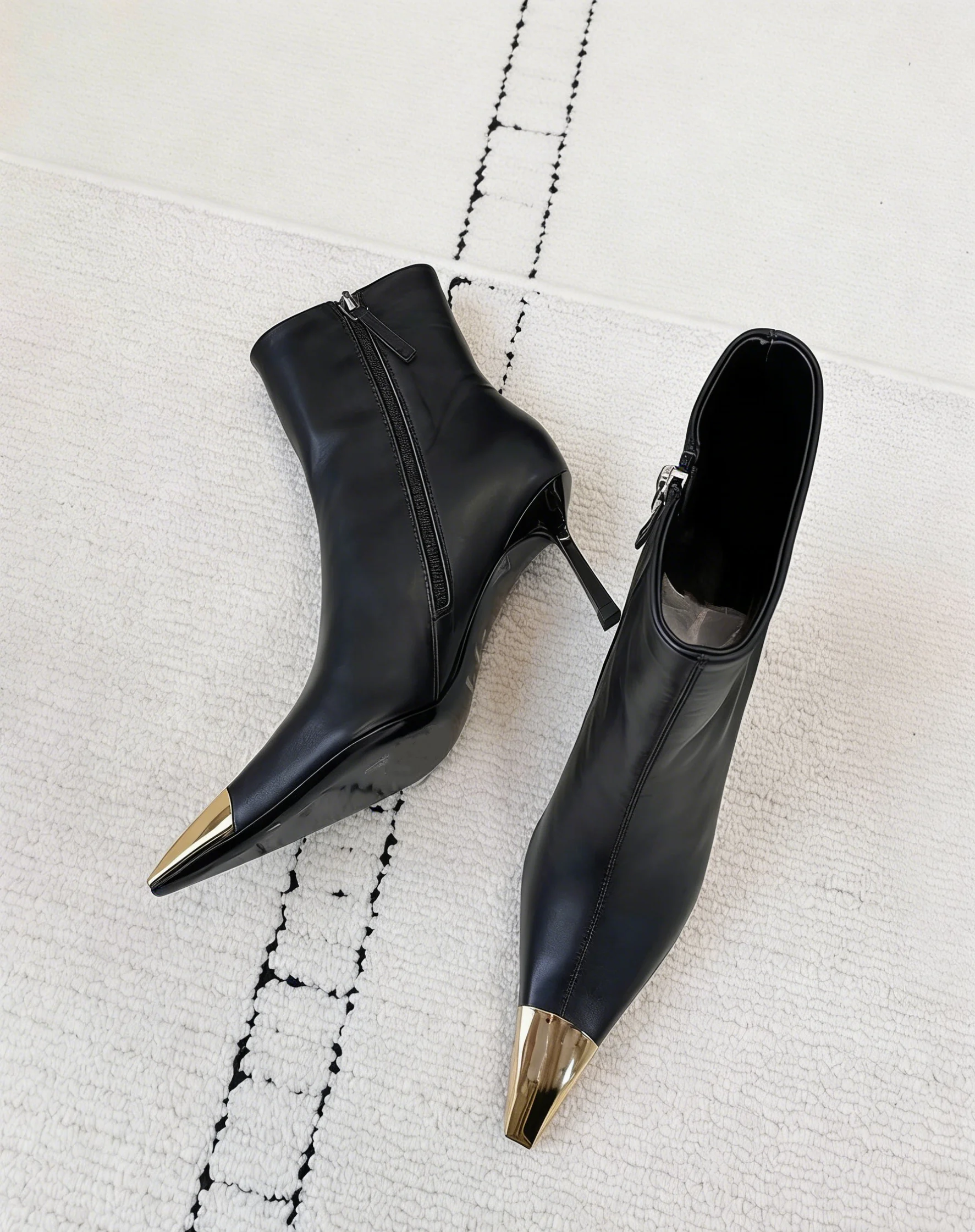 

Black Metal Pointed Toe Ankle Women Boots Stiletto High Heels 6CM 8CM 10CM Side Zipper Design Fashion Show Shoes