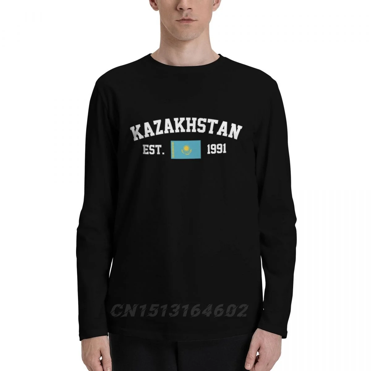 

100% Cotton Kazakhstan Flag With EST. Year Long Sleeve Autumn T shirts Men Women Unisex Clothing LS T-Shirt Tops Tees