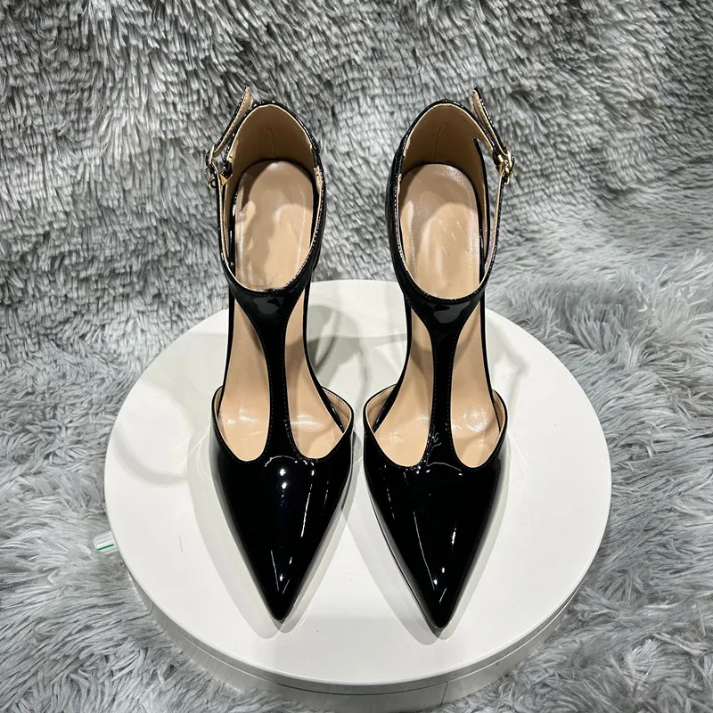 Tikicup Summer Women T-Strap Pointy Toe High Heel Shoes Solid Glossy Black Sexy Ladies Formal Dress Stiletto Pumps Customizable