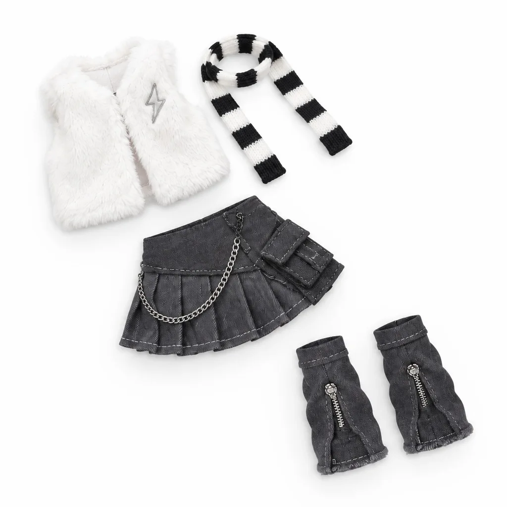 BJD Doll Clothes Cute Street Style Faux Fur Vest, Gray Pleated Skirt, Striped Scarf & Leg Warmers Outfit, Doll Not Included