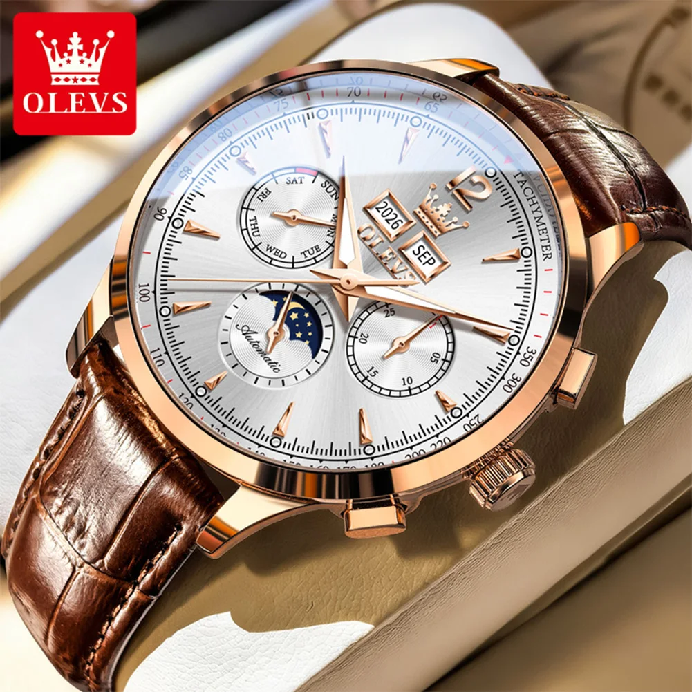 OLEVS 7128 Moon Phase Man Watch Fashion Leather Strap Perpetual Calendar Water Proof Luminous Luxury Automatic Mechanical Watch