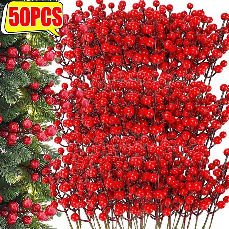 5-50PCS Artificial Red Berries Stems 12heads Christmas Simulation Fake Plant Holly Berry Bouquet DIY Wreath Xmas Tree Decoration