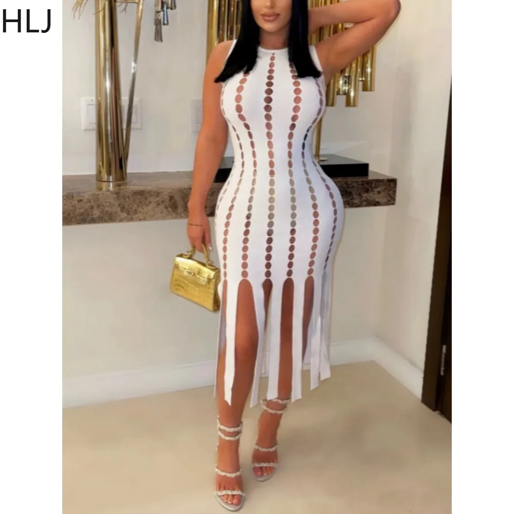 

HLJ Sexy Hollow Out Hole Slim Nightclub Dresses Women Round Neck Sleeveless Bodycon Tassels Vestidos Female Solid Clothing 2023