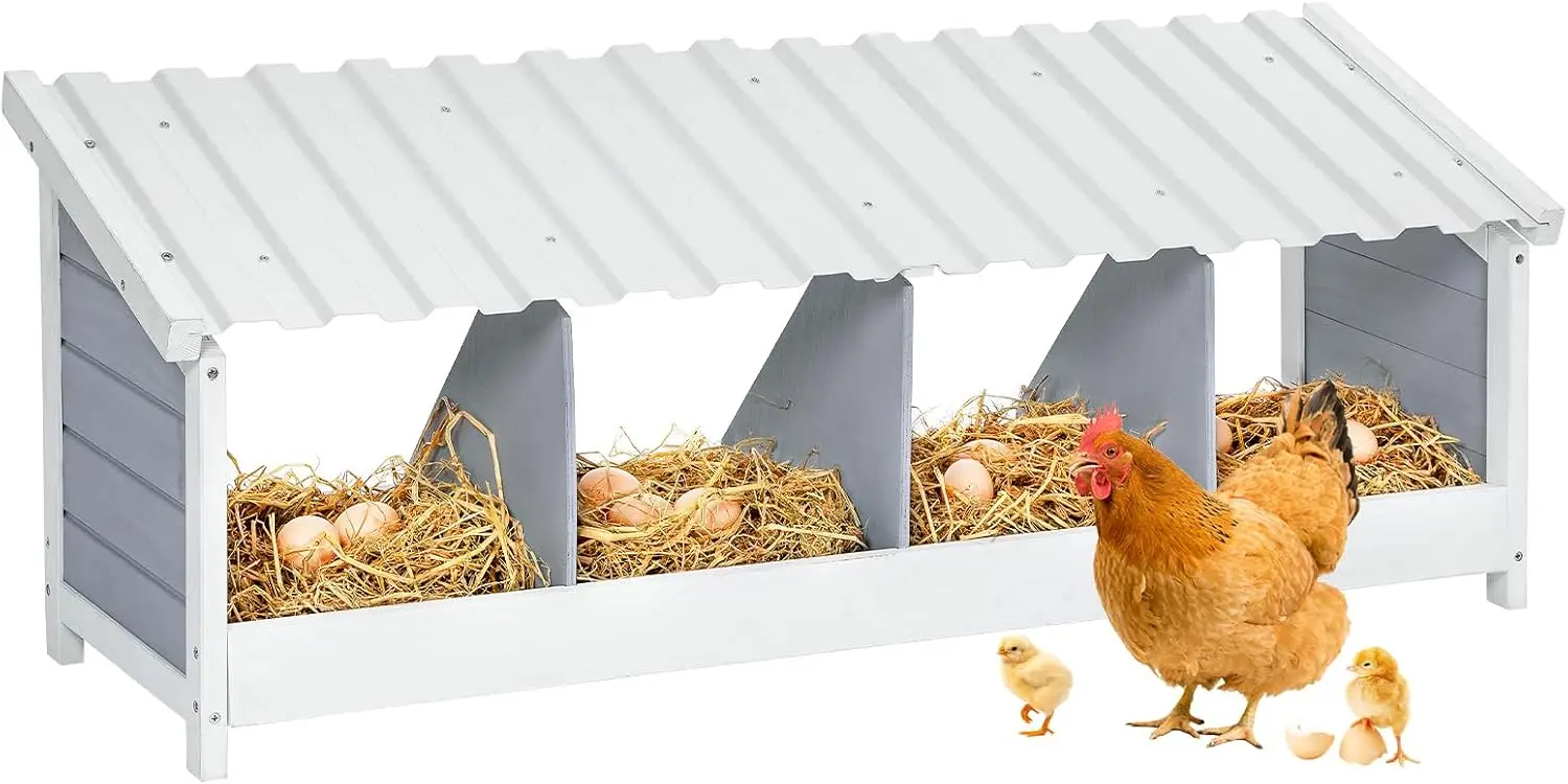 

4-Hole Chicken Nesting Box with PVC Roof, Natural Wood Design, Wall or Floor Mount for Coops and Backyards