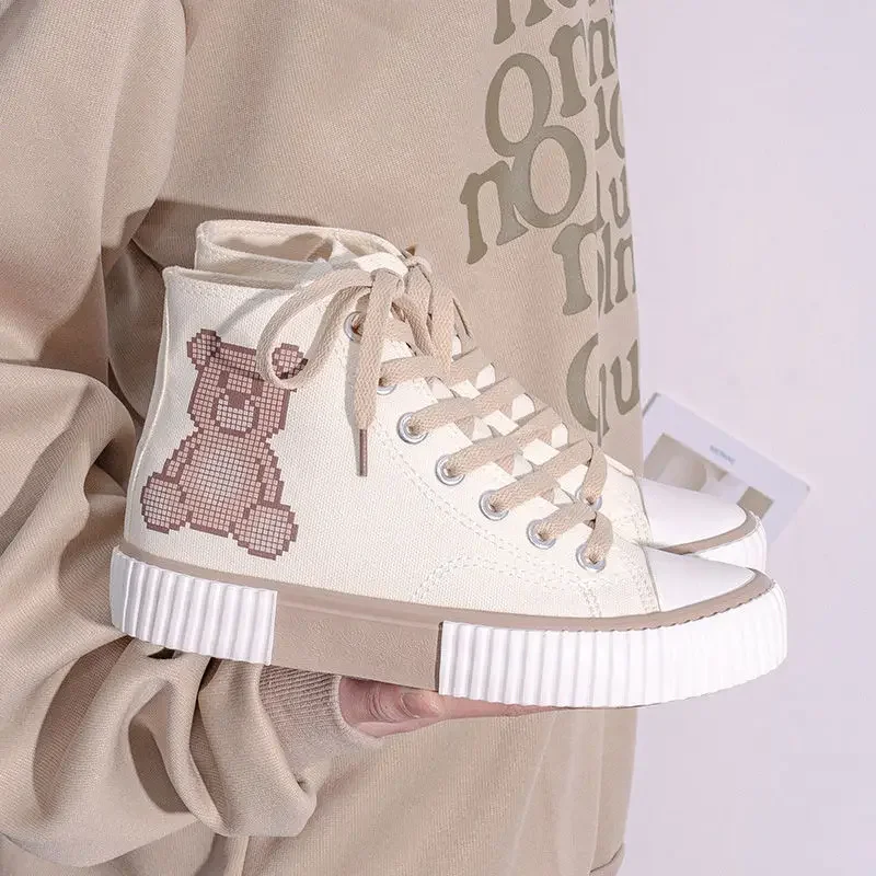 2023 Bear Canvas Sneakers Fashion Print Woman Flats Autumn Students Daily Wear Casual Korea Style Cartoon Ladies Footwear