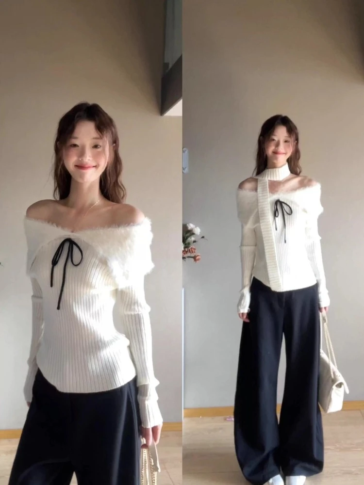

Fluffy Patchwork Slash Neck Y2k Aesthetic Sweater Harajuku Women Bodycon Grunge Pullover 2026 Autumn Vintage Bandage Jumpers