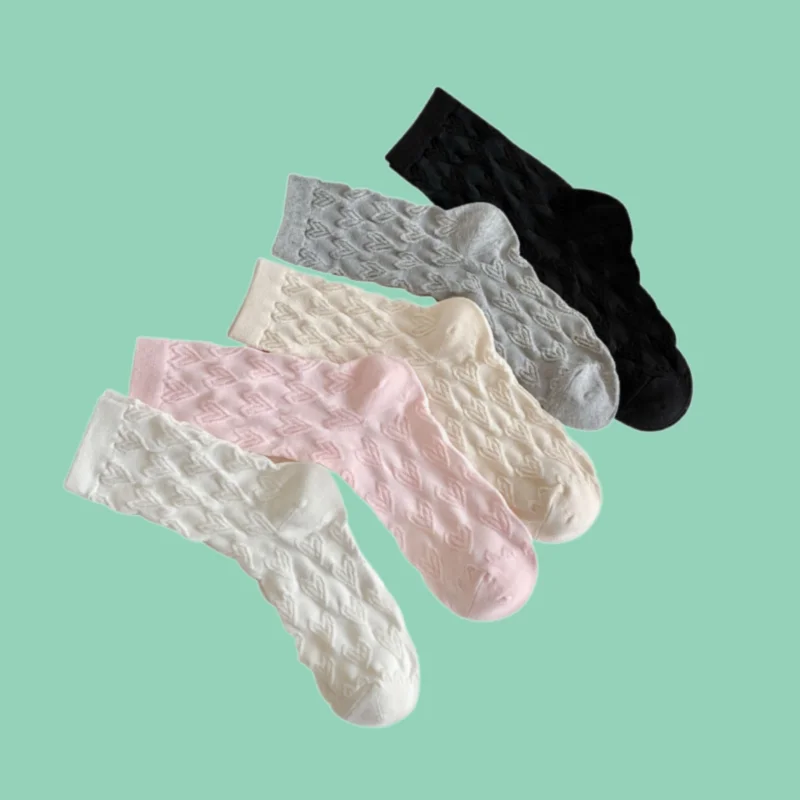 

3/6 Pairs 2024 New Summer Women's Socks Sweat-absorbent Thin Solid Color Three-dimensional Love Heart Medium Tube Stacked Socks