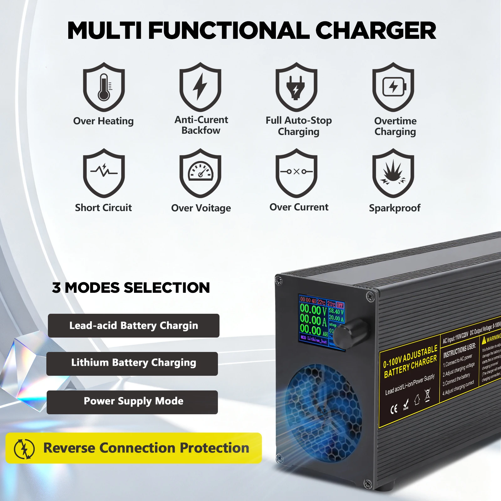 3000W 0-120V 0-25A Adjustable LifePO4 Charger 0-60V 0-50A Power Supply 12V 24V 36V 48V 60V 72V 84V Battery Charger Lifepo4