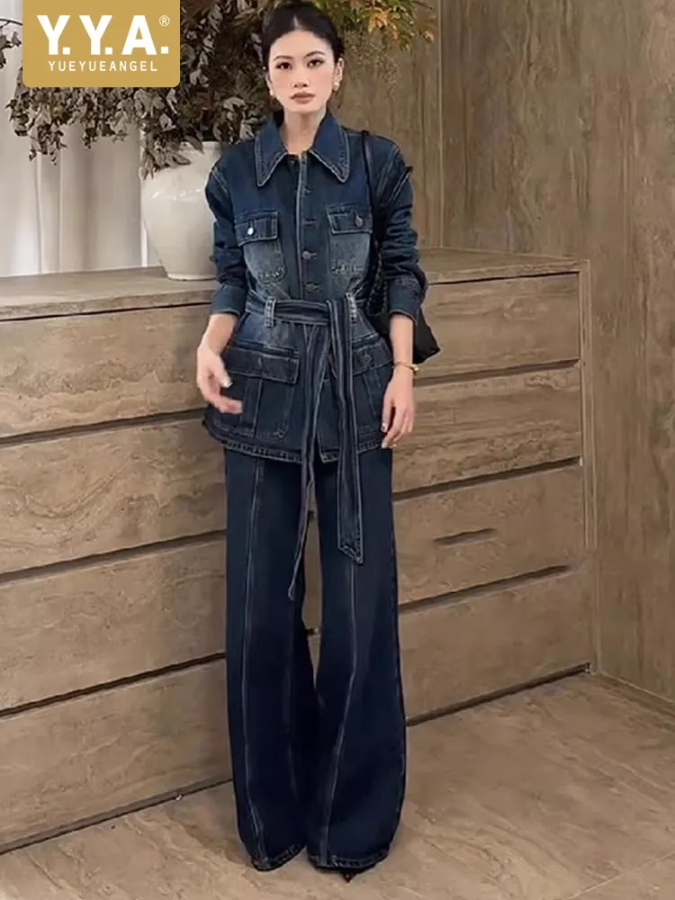 الخريف متعدد جيب الزنانير النساء الدنيم سترة مجموعات طويلة الأكمام كاوبوي دعوى سترات طويلة قطعتين مجموعة واسعة الساق كامل طول بانت