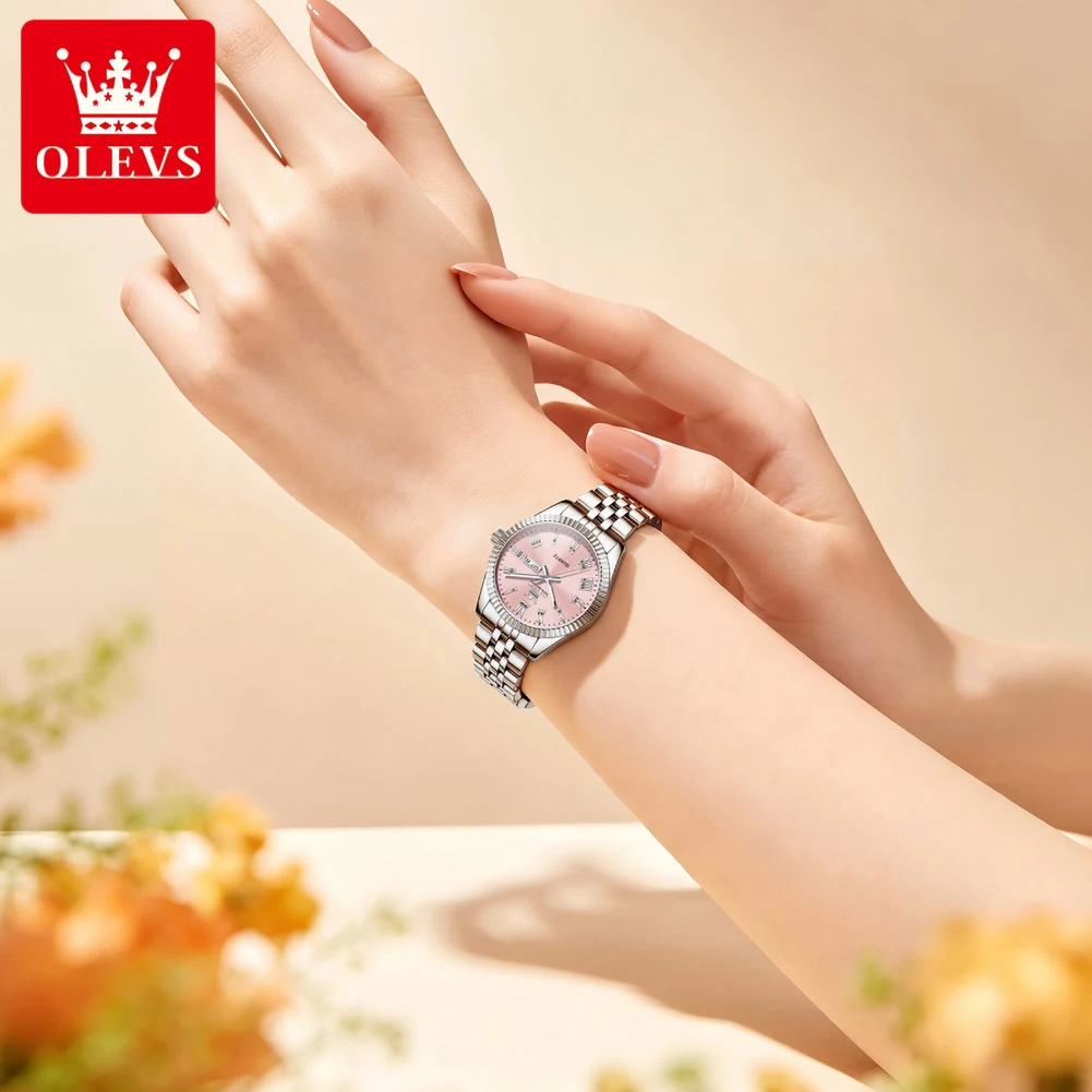 OLEVS 5706 Unique Quartz Movement Watch For Women Steel Strap 30m Daily Waterproof Luminous Function Week Date Display Watch