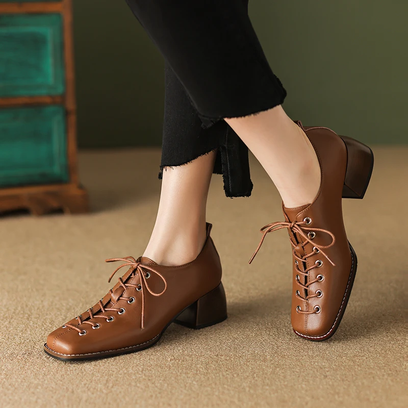 Fashion High Heel Square Toe Women Pumps Genuine Leather Concise Office Ladies Casual Lace-Up Shoes Woman 2023 Spring Summer