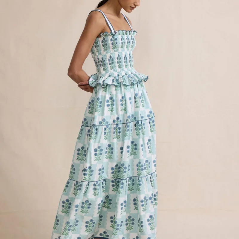 Femmes été robe Maxi florale décontracté Spaghetti sangle sans manches à volants à plusieurs niveaux invité de mariage fluide Boho plage robe de vacances