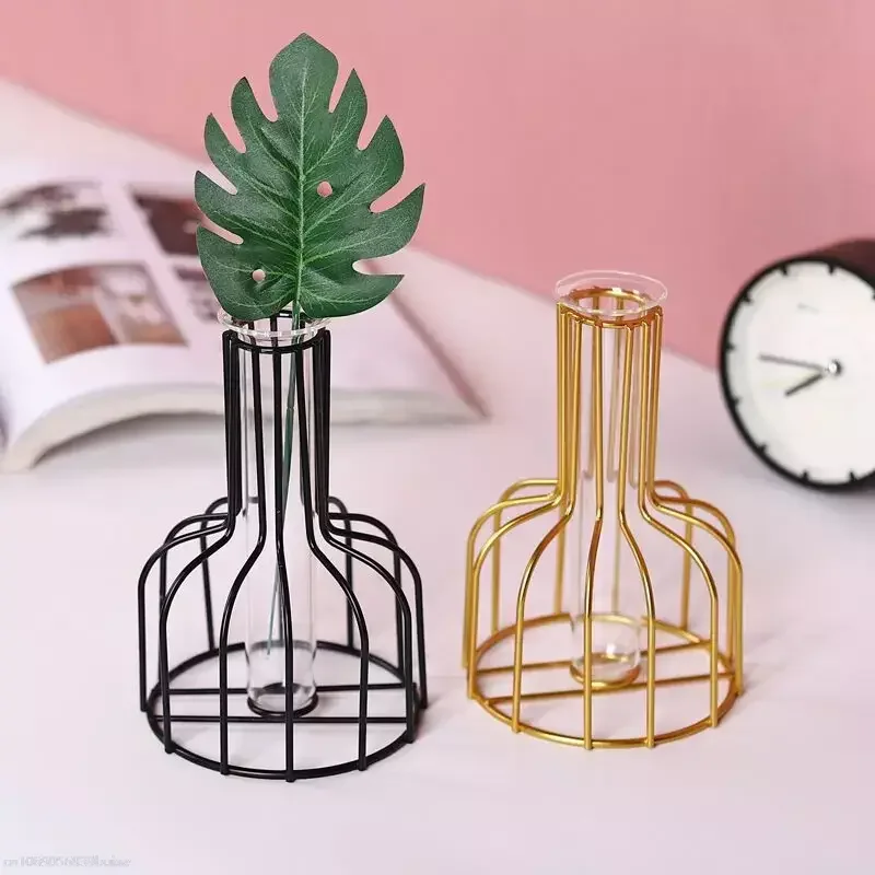 Golden Hydroponics Vase Decoration Living Room Table Desktop Decoration Dried Flowers Flower Arrangement Green Flower Hydroponic