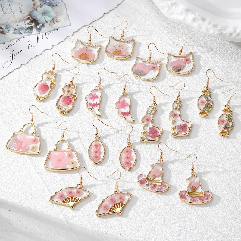 Boucles d'oreilles à fleurs pressées, série animale mignonne, résine époxy transparente, fleur naturelle, bijoux uniques en plante naturelle, vente en gros