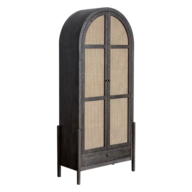 Nordic retro wardrobe B & B double door multi-functional arched cabinet old black rattan storage locker
