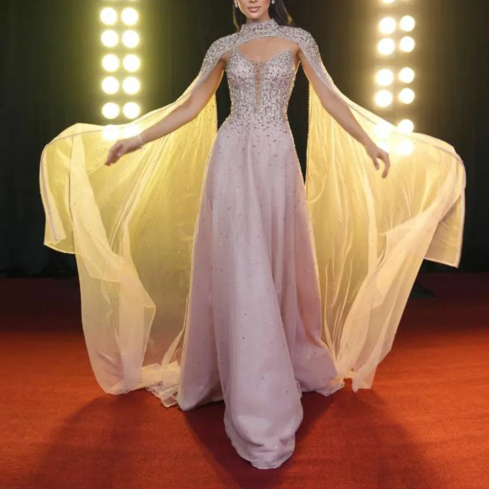 

Customized Bead Evening Dresses with Cape Plunging Long Wedding Guest Dress with Shawl Rhinestone vestidos de fiesta