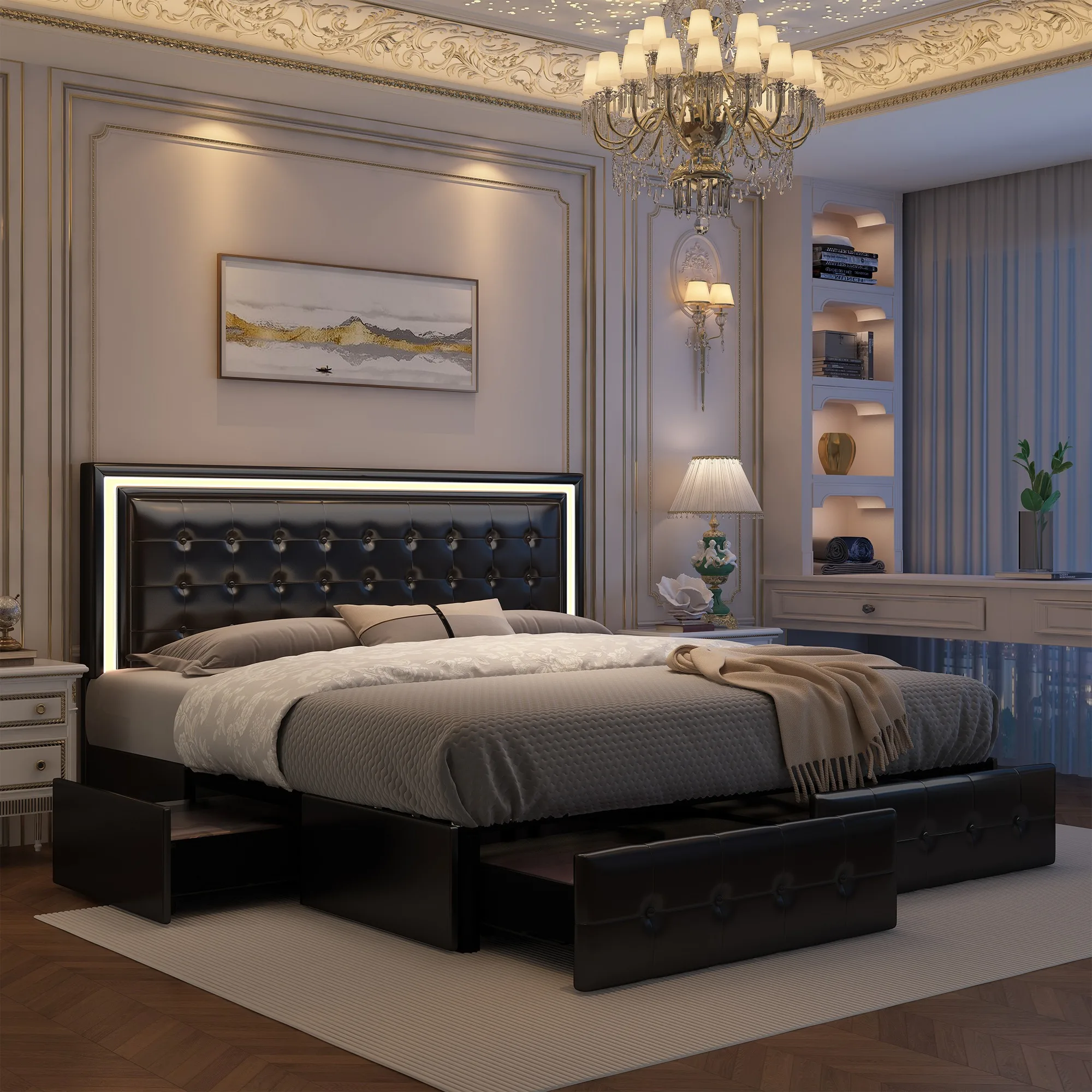 إطار سرير GEGOFORU Queen LED مع 4 أدراج تخزين، لوح رأسي RGBW، منجد من البولي يوريثان، لا حاجة إلى صندوق زنبركي، دعم 900 رطل #4