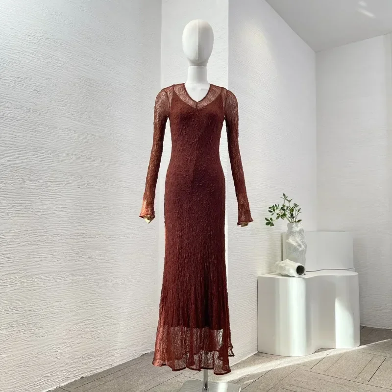 Women\'s Brown See Through Back Halter V Neck Knit Midi Dress, Elegant Summer Holiday Dress, High Quality Dresses, New Arrivals,