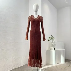 Women's Brown See Through Back Halter V Neck Knit Midi Dress, Elegant Summer Holiday Dress, High Quality Dresses, New Arrivals,