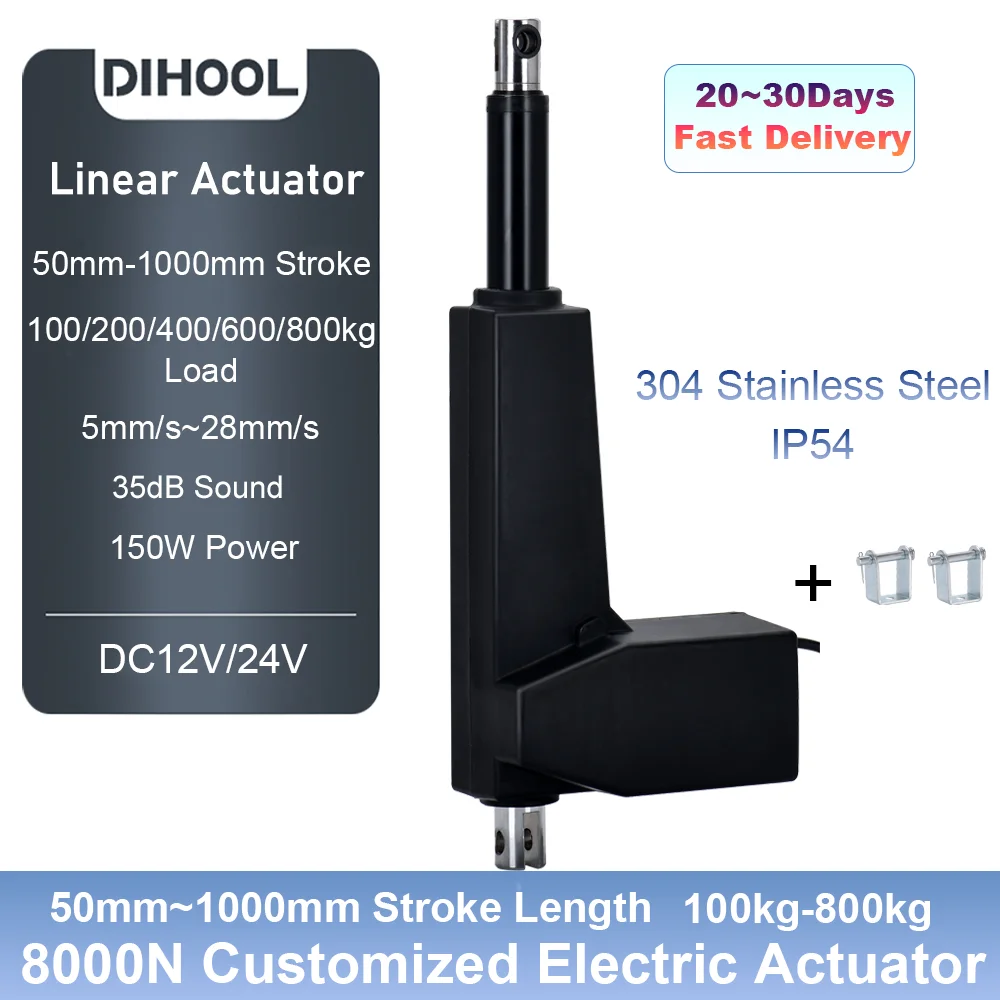 8000N Electric Linear Actuator DC12V/24V 50mm~1000mm Stroke 100kg~800kg Load Capacity 150W Motor Power with M10 Brackets