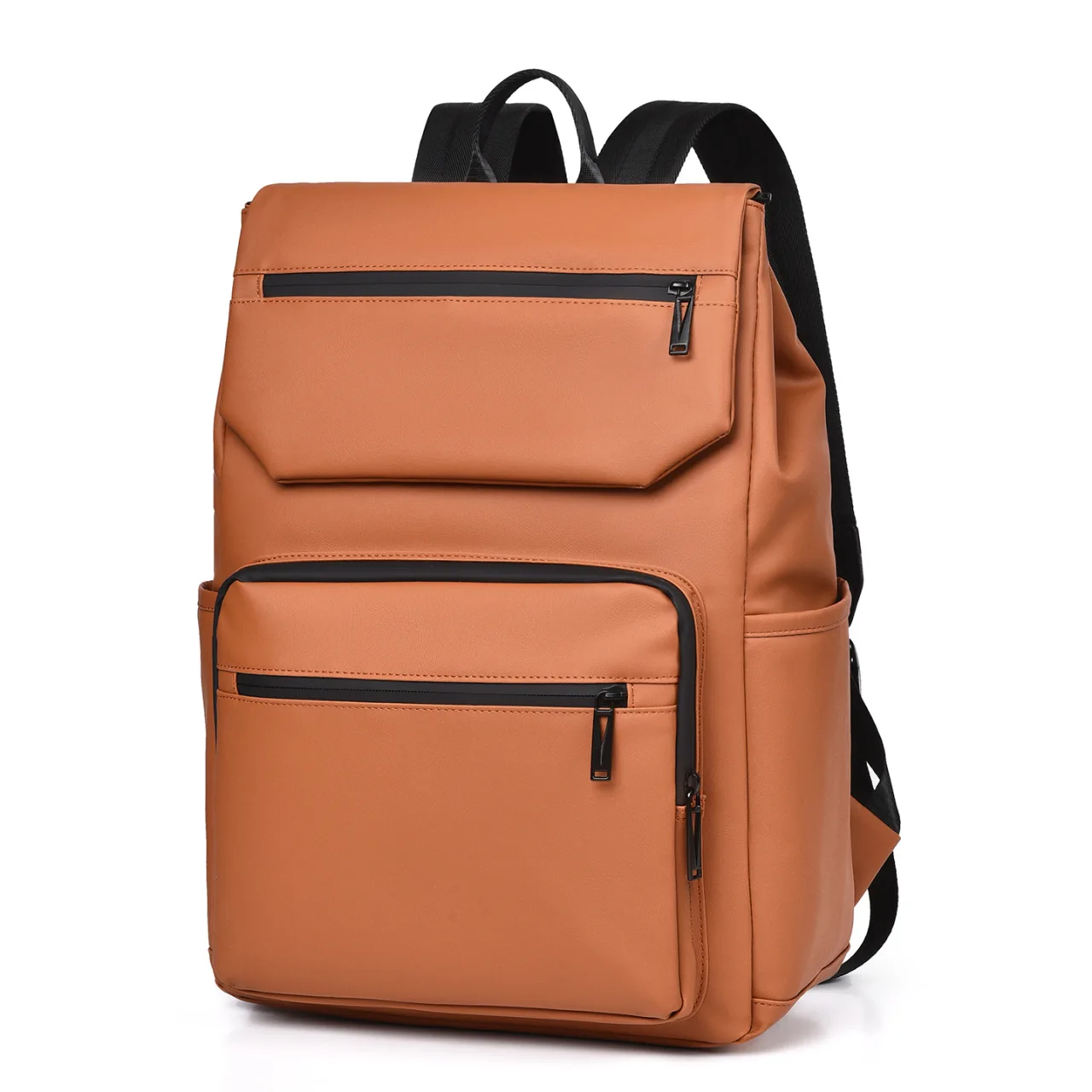 Brown faux leather casual backpack with multi zippered pockets water resistant fabric suitable for daily school work and casual