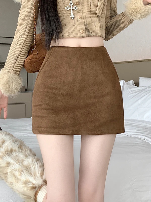 

High Waist Suede Skirt Women's Anti-Light Slim A-Line Skirt Faionable Bodycon ort Skirt Sexy Girl Sle Polyester Fiber