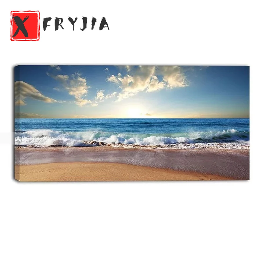 יהלום diy ציור נוף טבעי שמיים כחולים עננים לבנים של פסיפס ים יהלום קריסטל ציור קיר מלא עגול