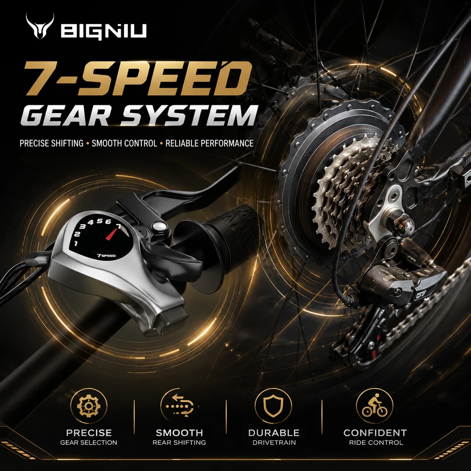 BIGNIU 749W Adult Electric Bike Peak Range Of 30+ Miles - Maximum Speed Of 27.9MPH 48V 15A Battery, Full Suspension, 7-speed All Terrain 20Inch X4.5 Inch Fat Tire Ebike, LED Display Screen image 7