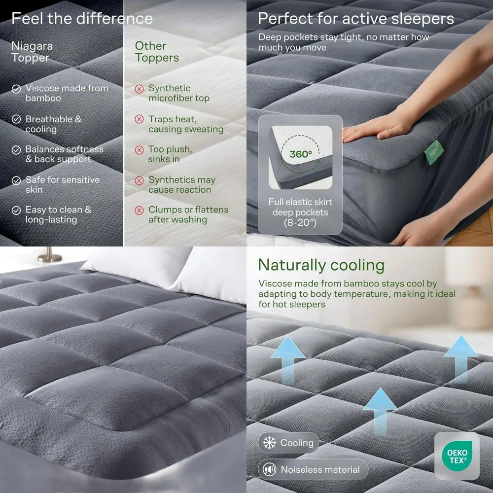

Bamboo Viscose Queen Mattress Topper - Ultra Soft Pillow Top for Back Support and Cooling Comfort