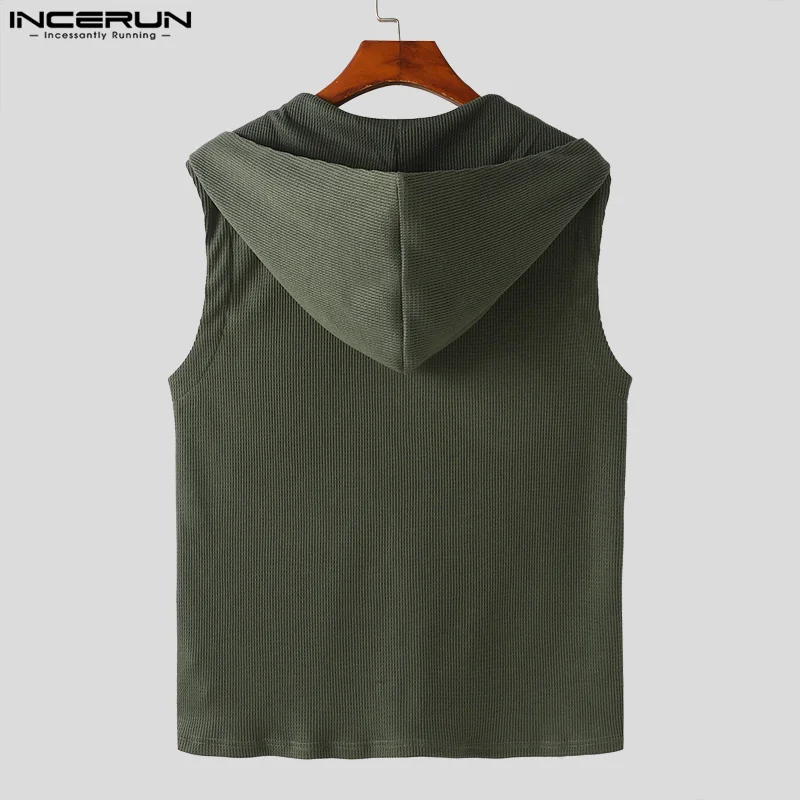 INCERUN Men Tank Tops Solid Color Hooded Zipper Sleeveless Casual Male Vests Streetwear 2024 Summer Fashion Leisure Men Clothing