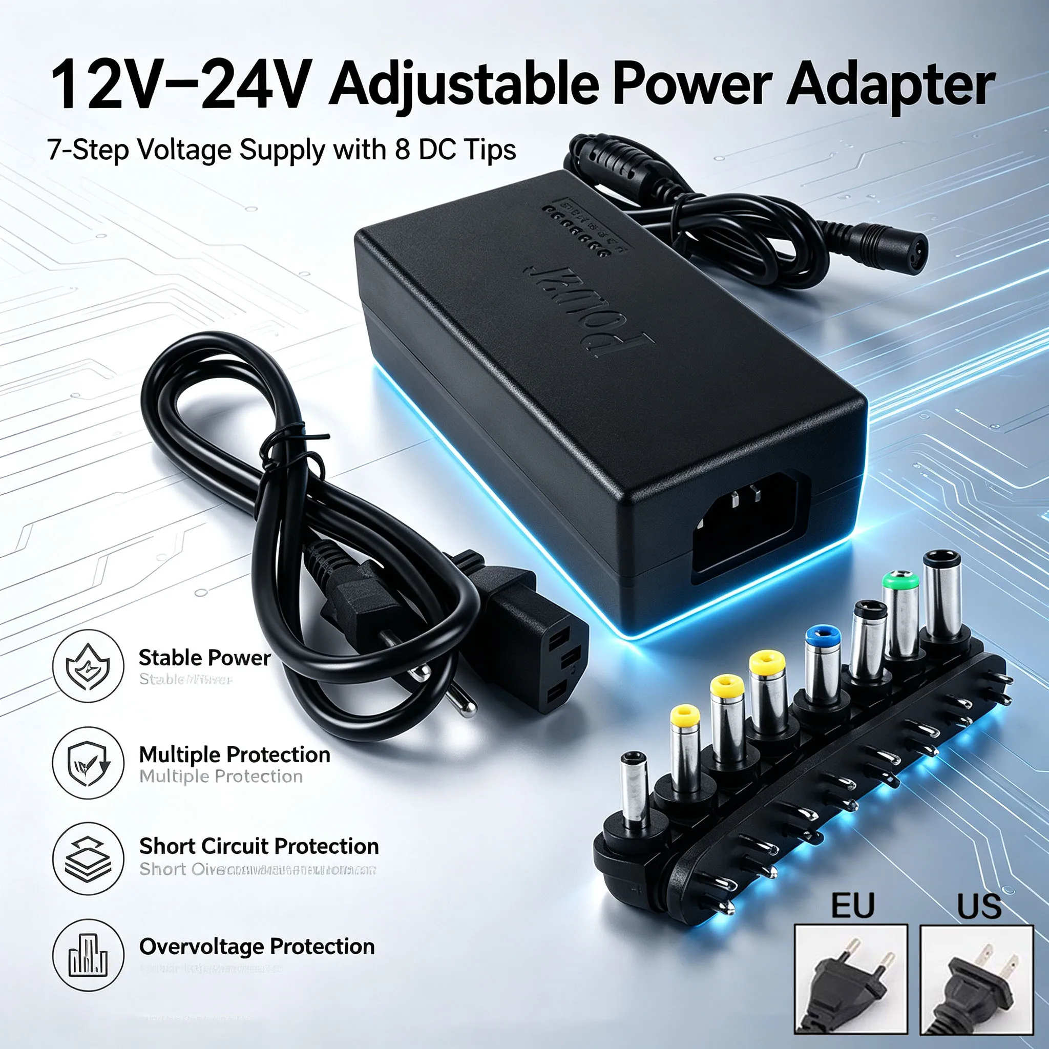 96W Multifunctional Laptop Power Adapter Ac 100-240V to DC 12-24V Universal Interface Adjustable Power Adapter Charger EU US