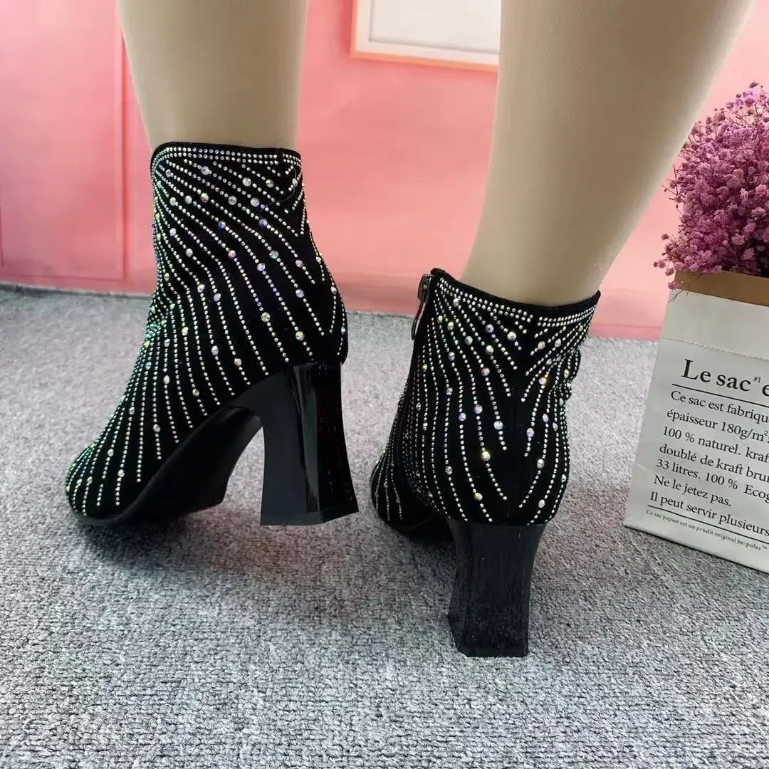 Woman Short Shoes Black Rhinestone Zip Chunky Heel Booties On Promotion Sale Boot Goth Autumn Offer New In Ankle Boots for Women