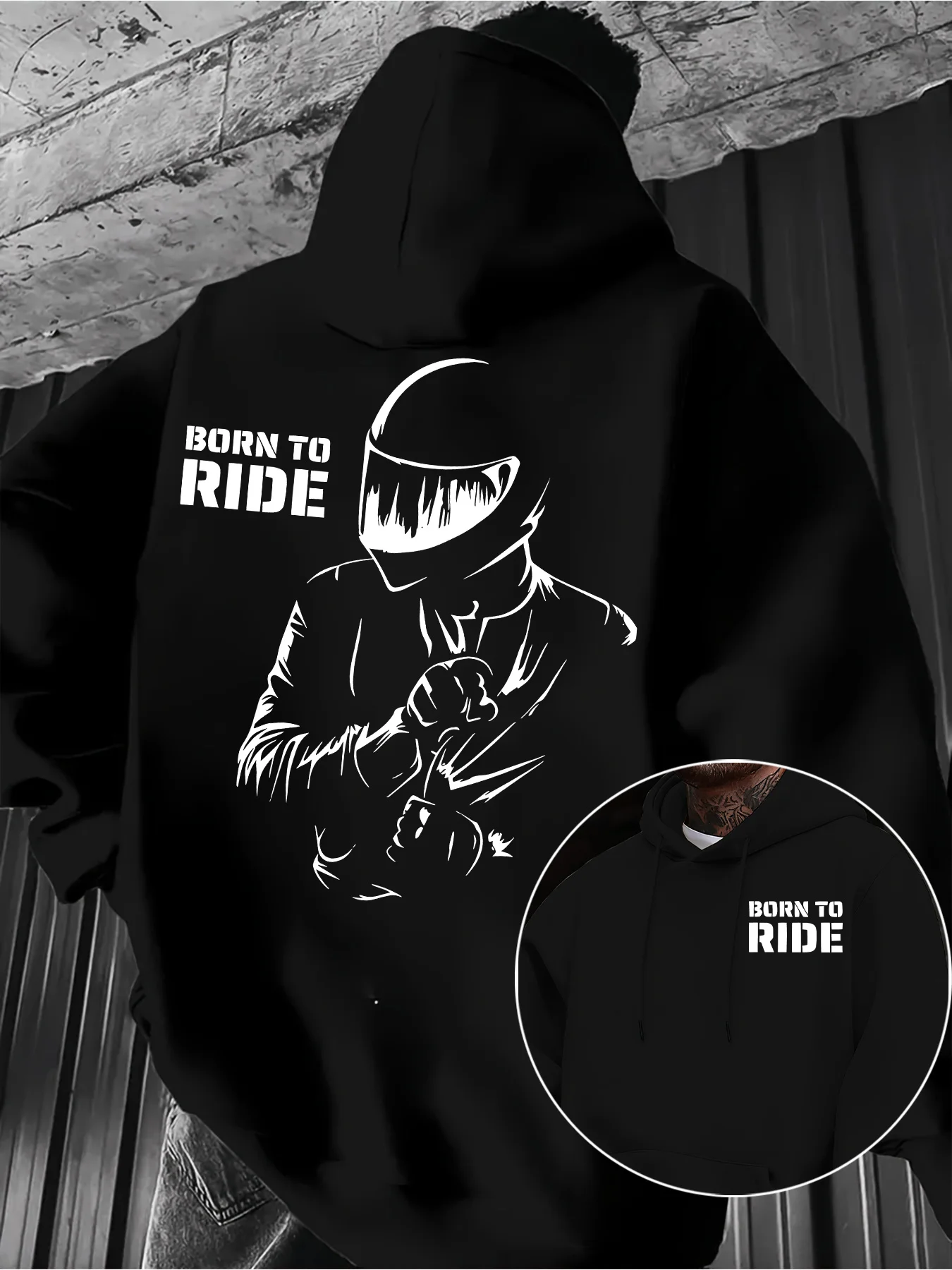 Herren Casual Oversized Kapuzenpullover Schwarz mit Aufdruck „Born To Ride“ für Motorradfahrer, locker geschnittener Langarm-Pullover. – Detail 3