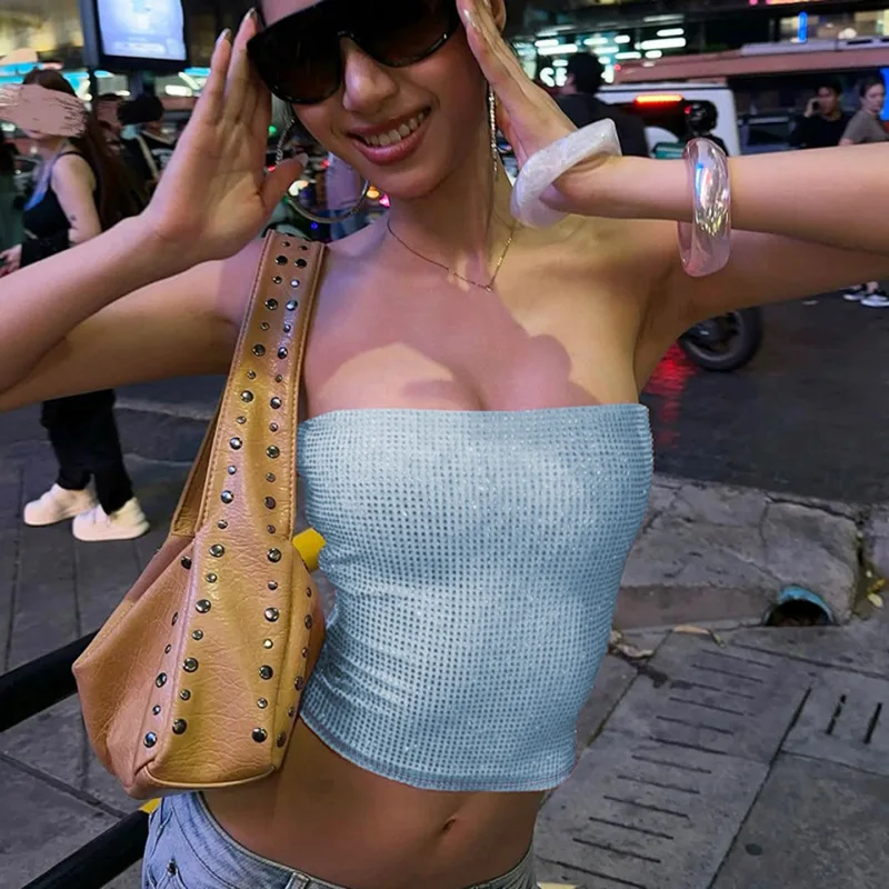 European American fashion hot girl sleeveless vest shiny glitter tube top open back tight fit figure shaping street casual inner