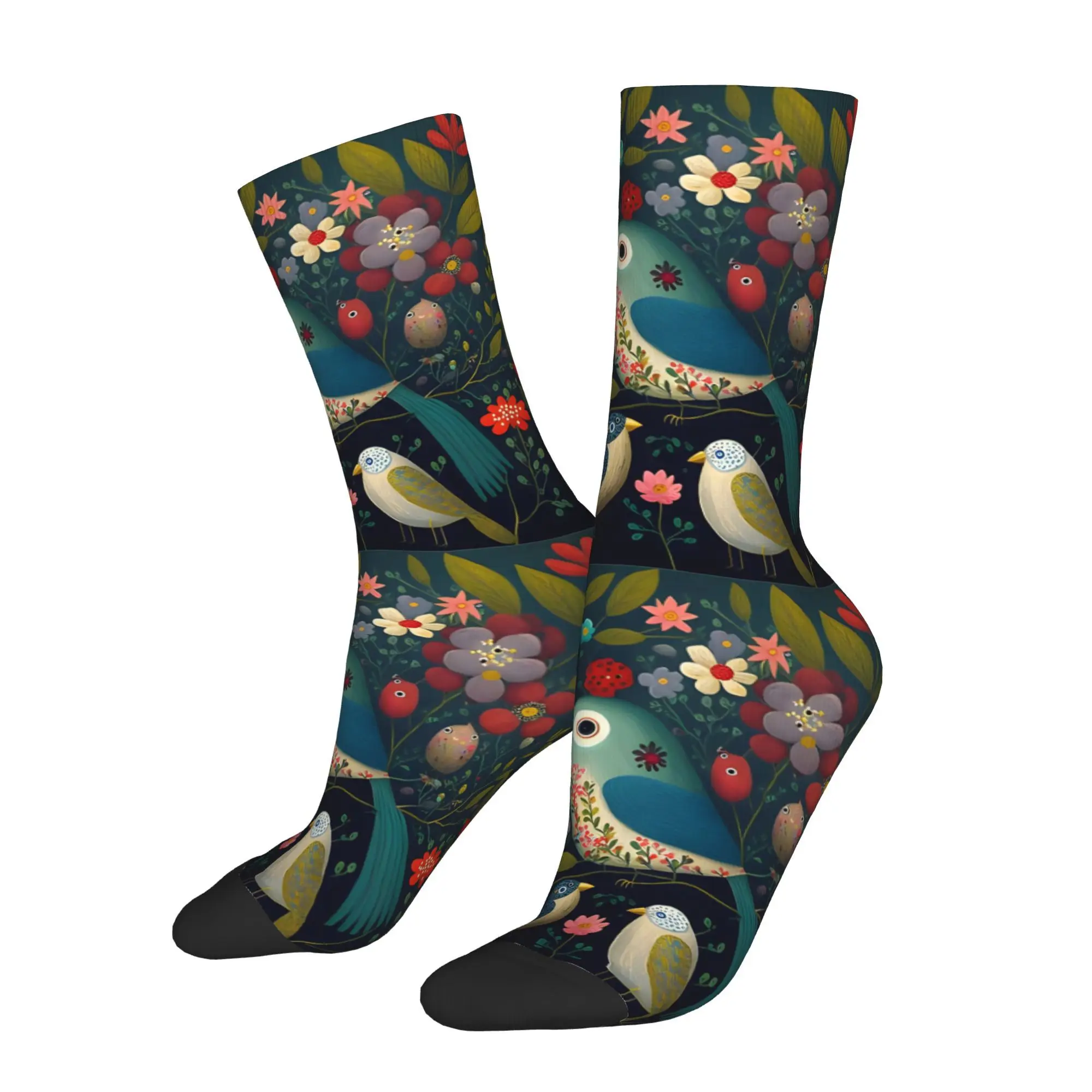 1pc Colorful Folk Art Birds Design Printed Men's Socks  Novelty Hip Hop Harajuku Pattern Crew Sock Casual Gift