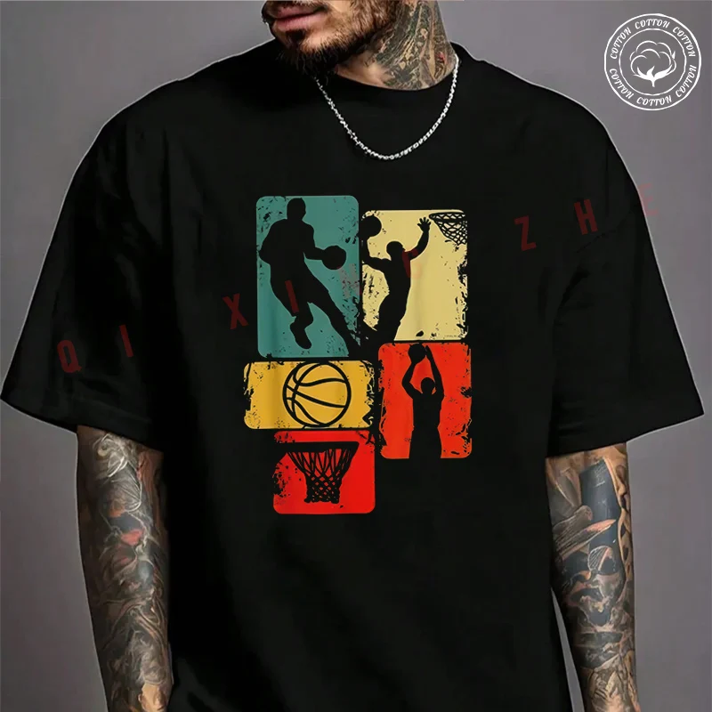 

Retro Basketball Graphic Motorcycle Men's Fashion T-shirt Cotton Casual Summer Comfortable Short Sleeve Tops