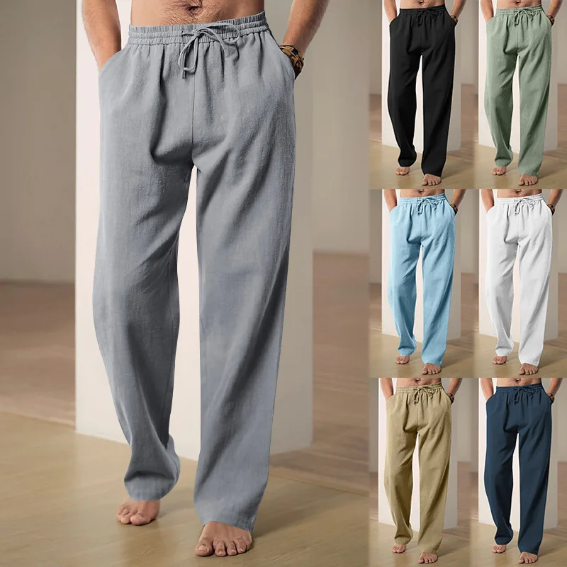 Men's Cotton Linen Long Pants Summer Solid Color Breathable Linen Trousers Male Casual Elastic Waist Casual Pants Harajuku Trous