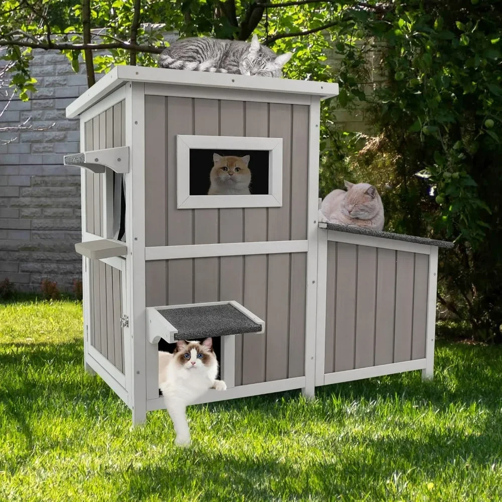 Outdoor Cat Shelter Cat House for 2-3 Feral Cats Two Story Wooden Cat Houses for Outside Cats Weatherproof in 3 Rooms